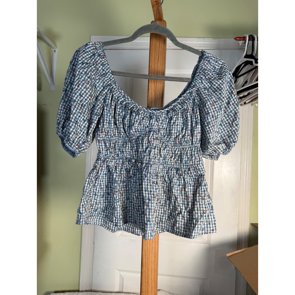 Maisie Blue Gingham Floral Smocked Peplum Puff Sleeve Blouse Small